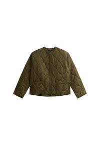 Chaqueta acolchada verde oliva con cuello redondo, cremallera frontal y dos bolsillos laterales. Presenta un diseño texturizado y acolchado para aislamiento.