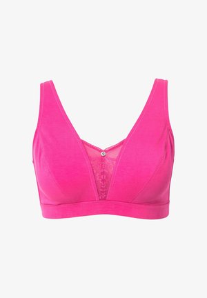 Sostenitore rosa con design a V, caratterizzato da un pannello in pizzo al centro e spalline regolabili, realizzato in un morbido tessuto elasticizzato.