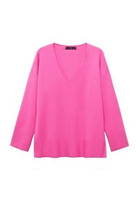 Rosa V-Ausschnitt-Pullover mit langen Ärmeln. Weiches Strickmaterial, lockere Passform. Einfaches Design ohne sichtbare Muster oder dekorative Details.