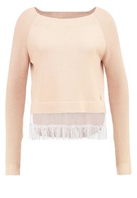 Jasnoróżowy, krótkisweter z kwadratowym dekoltem, prążkowaną fakturą, długimi rękawami i przezroczystą koronkową lamówką na dole.