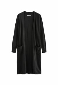 Svart lång cardigan av mjukt stickat material. Har en avslappnad passform, två framfickor och ribbade mudd. Enkelt design utan knäppningar.