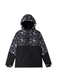 Czarna kurtka z kapturem, z białym wzorem błyskawicy na górnej części i rękawach, z pełnym zamkiem z przodu oraz zamykanymi na zamek kieszeniami bocznymi.