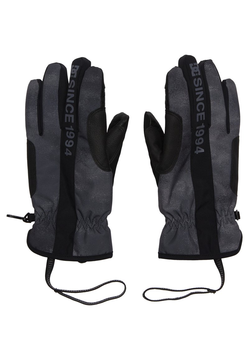 Svarta och grå vinterhandskar med texturerad tyg, en tät passform, förstärkta handflator, elastiska handledsmuddar och dragsnören för justerbarhet.