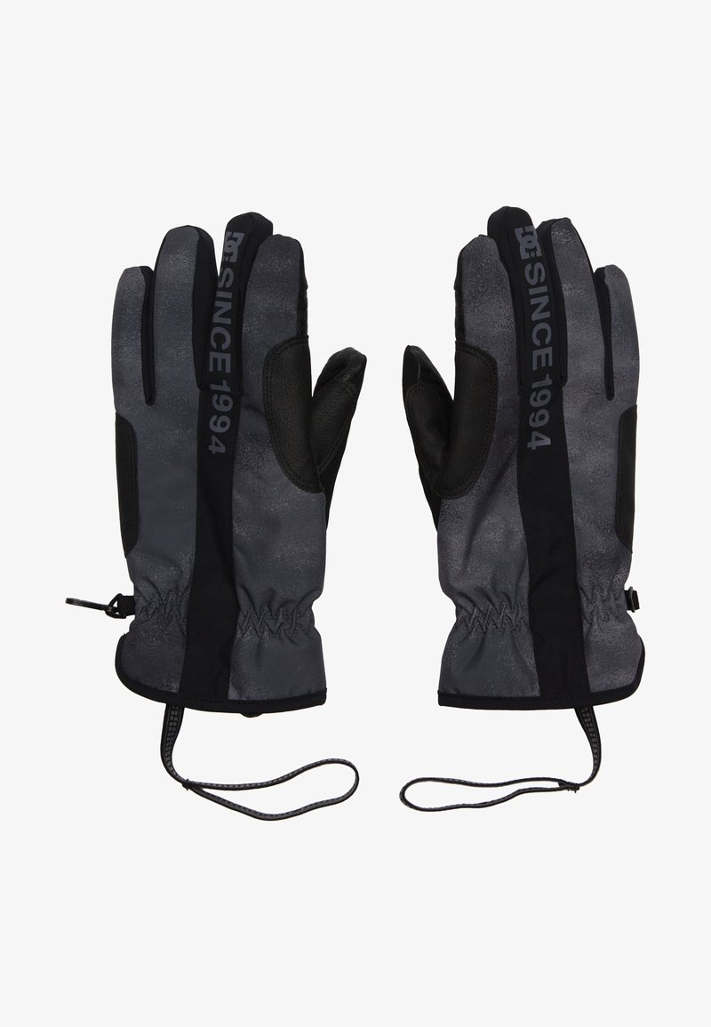 Svarta och grå vinterhandskar med texturerad tyg, en tät passform, förstärkta handflator, elastiska handledsmuddar och dragsnören för justerbarhet.