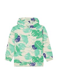 Kapuzensweatshirt aus cremefarbenem Stoff mit grünen und blauen Blättern. Verfügt über lange Ärmel und einen lockeren Schnitt mit gerippten Bündchen.