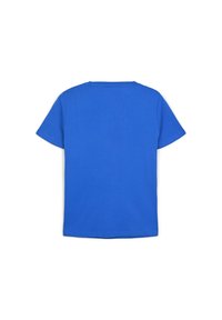 T-shirt di cotone blu con maniche corte e scollatura rotonda. Il design è semplice, senza grafiche o motivi visibili sul retro.