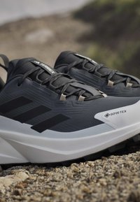Μαύρα και γκρι παπούτσια Adidas Terrex Gore-Tex για τρέξιμο σε μονοπάτια, τοποθετημένα σε βραχώδες έδαφος.