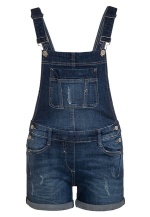 Dżinsowe ogrodniczki z regulowanymi szelkami, przednią kieszenią i wyblakłymi detalami. Krótka długość nogawki z podwiniętymi końcami oraz metalowymi akcentami.