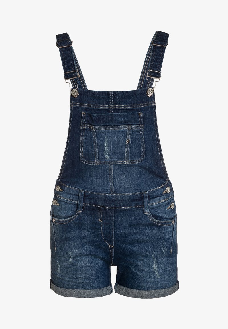 Denim overalls med justerbare stropper, frontlomme og bleget detaljering. Kort benlængde med opfoldede kanter og metalhardware detaljer.