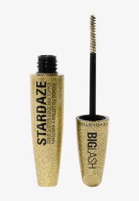 Mascara-topp med guldglitter och en texturerad, glittrande guldtub. Inkluderar en svart applikatorborste med spiralformade borst.