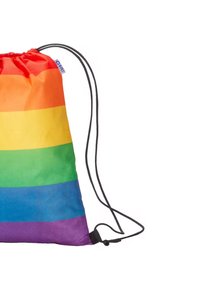 Drawstring backpack featuring horizontal rainbow stripes in red, orange, yellow, green, blue, and purple; made from lightweight fabric.