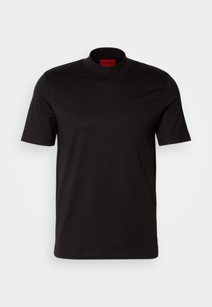 Black short-sleeve t-shirt with a high neck design. Made from smooth fabric. Features a red brand label on the inside collar.