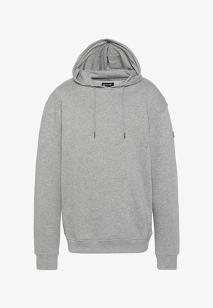 Felpa grigia con cappuccio in tessuto morbido; presenta un cappuccio con cordino, tasca a marsupio e polsini a costine. Design semplice senza motivi o accenti.