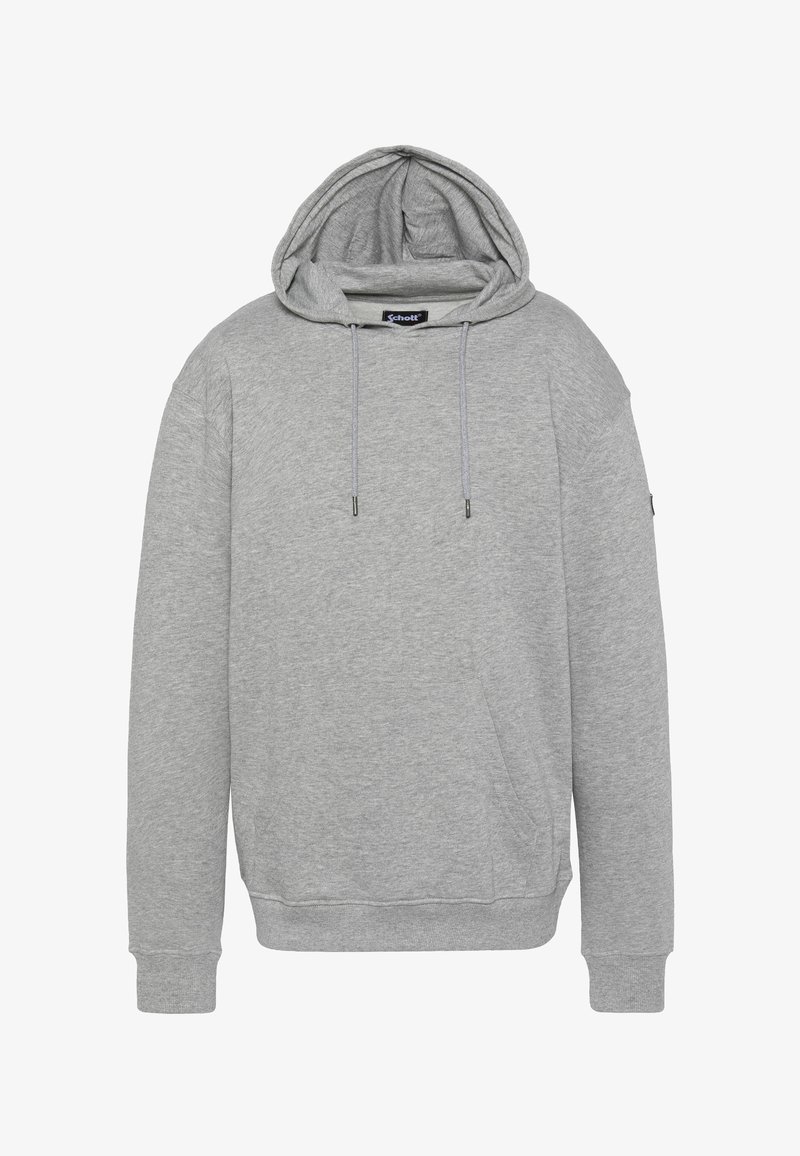 Szara bluza z kapturem wykonana z miękkiego materiału; posiada kaptur ze sznurkiem, kieszeń typu kangurka oraz ściągacze na rękawach. Prosty design bez wzorów i ozdób.