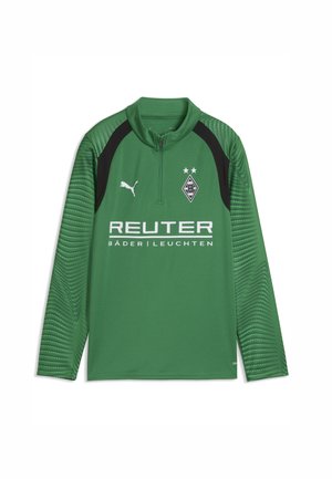 Grünes langärmeliges Fußball-Trainingsoberteil mit schwarzen Schulterakzenten, Halb-Reißverschlusskragen, Puma-Logo, Borussia Mönchengladbach Wappen und Reuter Sponsor Schriftzug.