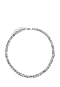 Collier en chaîne en argent présentant un motif tressé, des maillons ronds et un fermoir ajustable avec des maillons supplémentaires pour régler la taille.
