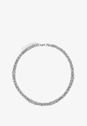 Zilveren ketting met een geweven patroon, circulaire schakels en een verstelbare clasp met extra schakels voor maataanpassing.