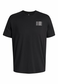 Sort bomulds T-shirt med korte ærmer, rund hals og hvidt trykt logo på venstre bryst med brandnavnet i stakket format.