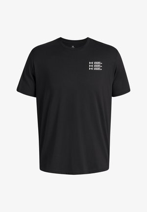 Black cotton t-shirt with short sleeves, round neck, and white printed logo on the left chest featuring the brand name in a stacked format.