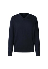 Dunkelblauer Pullover mit V-Ausschnitt, langen Ärmeln und gerippten Bündchen und Saum. Hergestellt aus einem glatten Strickmaterial. Keine sichtbaren Muster.