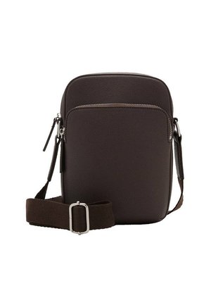 Sacoche en cuir marron avec surface texturée, compartiments zippés et bandoulière en tissu réglable. Forme rectangulaire simple.