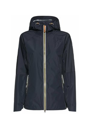 Navy waterproof jacket featuring a zip front, adjustable hood, and two side zip pockets; smooth texture and lightweight design.