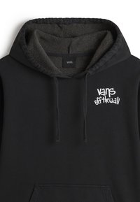 Sudadera negra de algodón con un interior forrado de felpa, que presenta una capucha con cordón y el logo blanco "Vans Off the Wall" en el pecho.