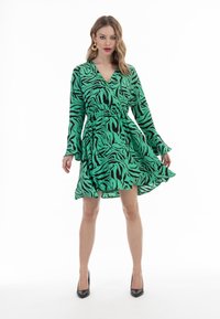 Grünes Zebra-Print-Kleid mit langen Ärmeln und tailliertem Bund, mit V-Ausschnitt und fließendem Rock, kombiniert mit schwarzen Absatzschuhen.