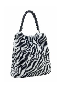 Sac en fausse fourrure zèbre avec une anse tressée noire, offrant un compartiment principal spacieux et une poche avant pour le rangement.