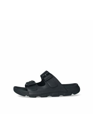 Sandalo slide nero con due cinturini regolabili e suola sagomata, progettato per un uso casual e comfort.