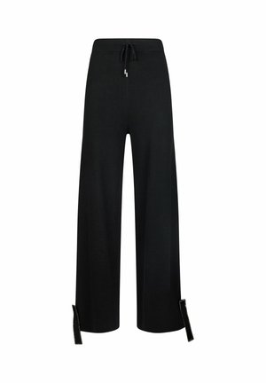 Zwarte broek met brede pijpen en een tailleband met trekkoord, voorzien van gestructureerde accenten aan de zoom en zijkant. Gemaakt van een zachte stof voor comfort.