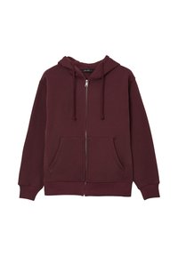 Felpa con zip color bordeaux, dotata di cappuccio con coulisse, tasche frontali, polsini e orlo a costine. Realizzata in tessuto morbido e testurizzato. Design semplice.