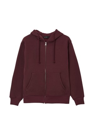 Haut à capuche zippé bordeaux avec une capuche à cordon, poches avant, poignets et ourlet côtelés. Fait en tissu doux et texturé. Design simple.