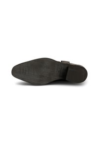 Suola di scarpa in pelle nera con design piatto, superficie testurizzata e bordi leggermente curvati. Presenta un tacco leggero e dettagli minimi.