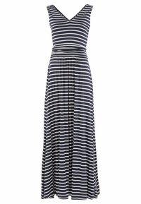 Mörkblå och vit randig maxiklänning med V-ringning, figurnära bodice och utsvängd kjol. Tillverkad av mjukt, stretchigt material.