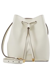 Krémová kožená taška ve tvaru kbelíku s nastavitelným popruhem, stahovací šňůrkou a kovovými doplňky ve zlatém tónu od Ralph Lauren.