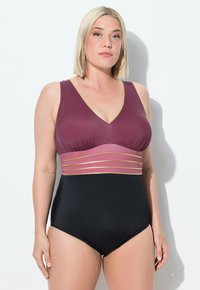 Maillot de bain une pièce bordeaux avec d�écolleté en V, doté d'une bande rose à rayures dorées à la taille et d'un bas noir uni. Texture lisse.