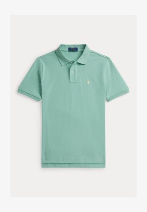 Jasnozielona koszulka polo z fakturowanej tkaniny z kołnierzykiem, patką na trzy guziki oraz haftowanym logo na lewym piersi.