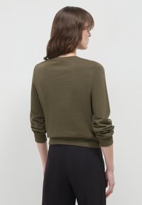 Pullover di colore verde oliva con maniche lunghe e leggermente arricciate e scollatura a girocollo. Tessuto morbido, abitino in vita e design minimalista.