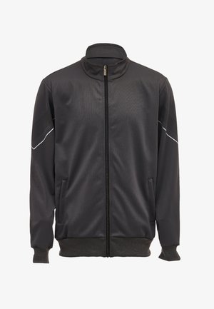 Black athletic jacket featuring a high collar, full-length zipper, side pockets, and textured fabric with white accent lines on shoulders.