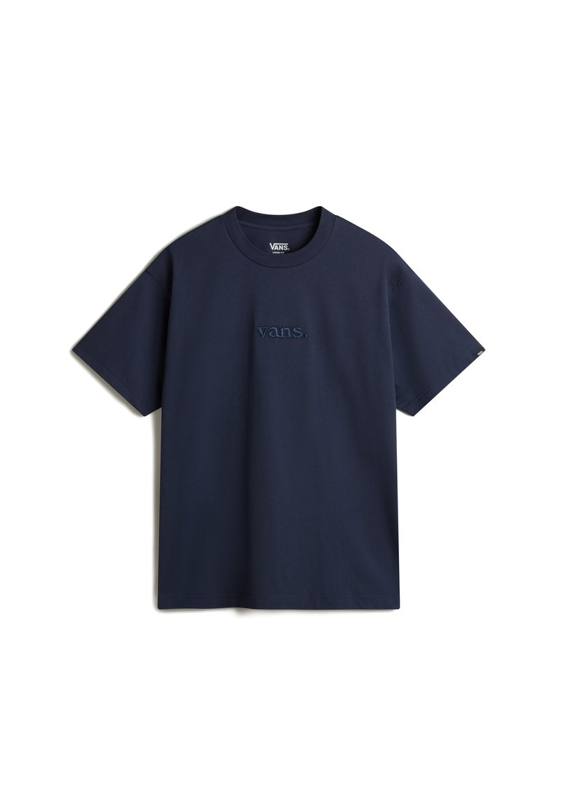 Camiseta de algodón azul marino de manga corta con escote redondo y logo "vans" bordado en el frente. Textura suave, corte estándar.