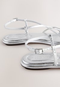 Sandale plate metalice argintii cu barete subțiri, închidere cu cataramă și vârf rotund. Textură netedă cu o talpă interioară ușor căptușită.