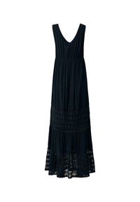 Svart maxiklänning med V-ringning, ärmlös design, smal midja och lager av kjol med spetsdetaljer och texturerat utförande.