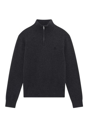 Maglione leggero grigio scuro con colletto a mezza zip, polsini e orlo a coste. Realizzato in tessuto morbido, presenta un piccolo logo sul petto.