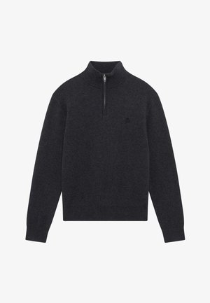 Maglione leggero grigio scuro con colletto a mezza zip, polsini e orlo a coste. Realizzato in tessuto morbido, presenta un piccolo logo sul petto.