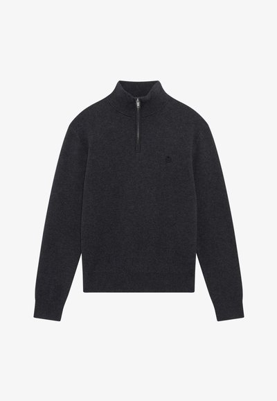 Dunkelgrauer, leichter Pullover mit halbem Reißverschluss und gerippten Bündchen sowie Saum. Hergestellt aus weichem Stoff und mit einem kleinen Logo auf der Brust.