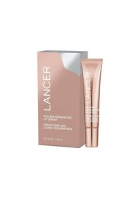 Lancer Volume Enhancing Lip Serum in a tapered tube with a metallic rose-gold finish, alongside a matching pink box, featuring white text.