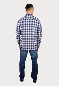 Blue and white checkered shirt with long sleeves, paired with blue jeans. The shirt features a collar and a straight hem.