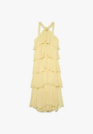 Gul skjørtedress med rynkede lag, spaghetti-stropper og en knyttet detalj bak. Laget av lett, flytende stoff.