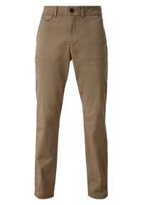 Chinos khaki con design a gamba dritta, realizzati in tessuto misto cotone, con chiusura a bottone, passanti per cintura e tasche laterali.